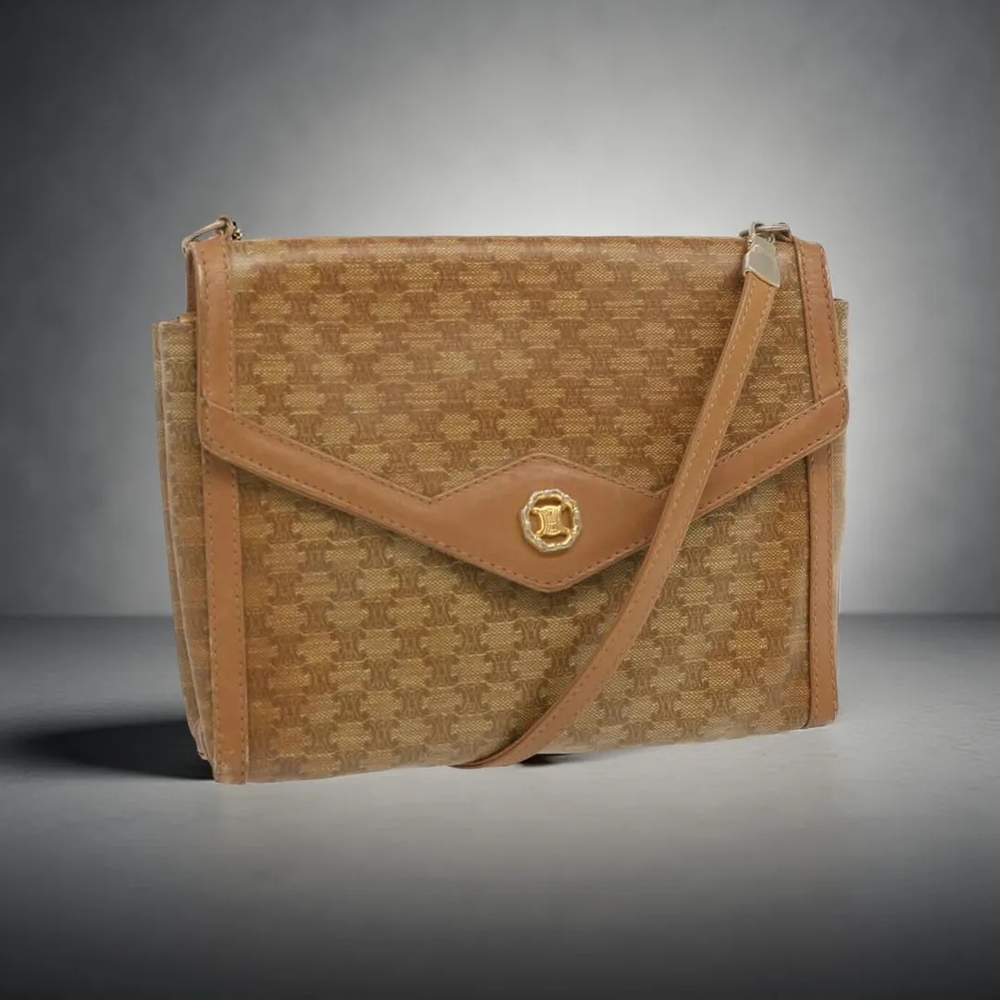 FREE SHIP🎯CELINE MACADAM Vtg Tan Brown Crossbody/Clutch Bag
